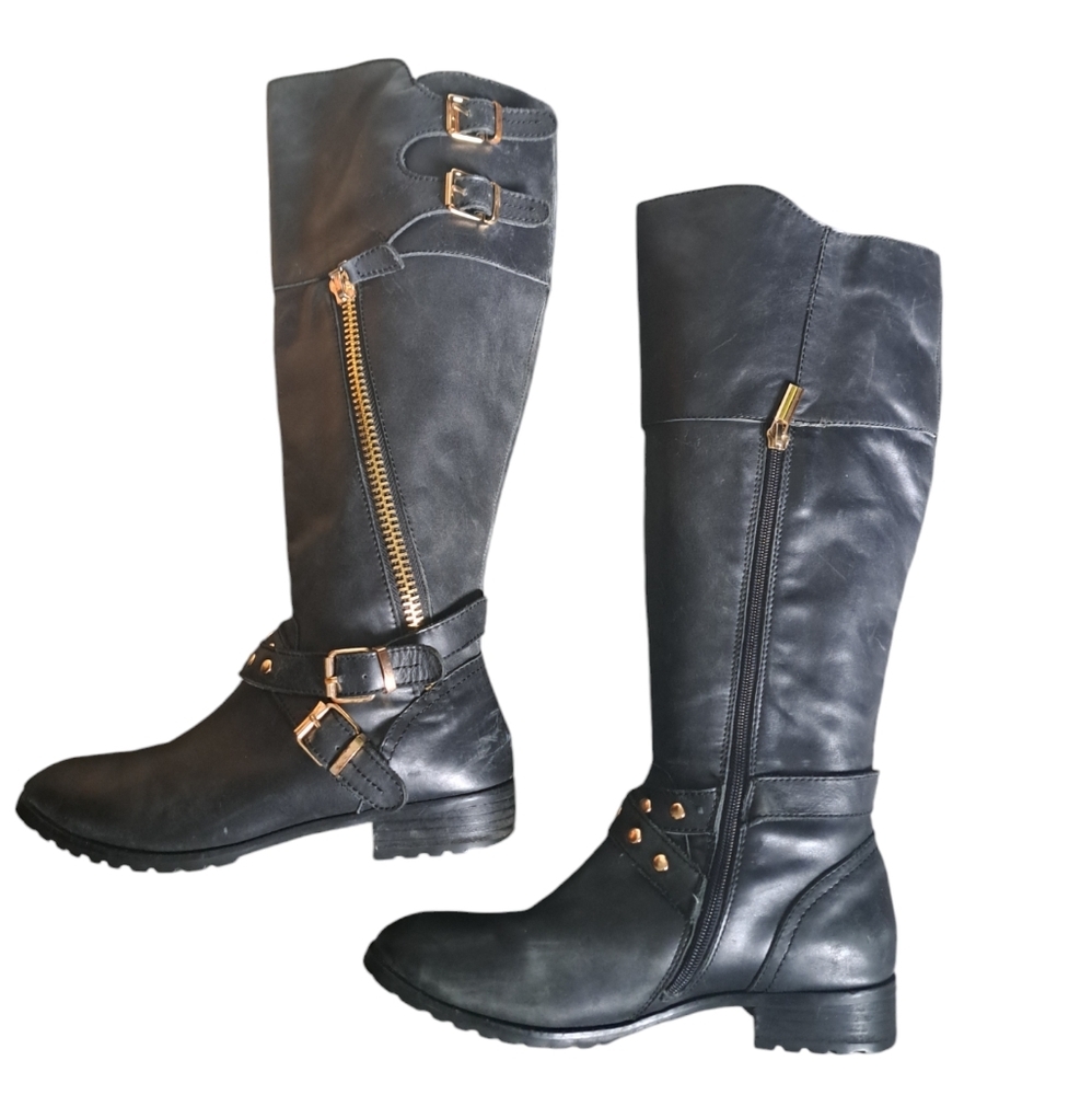 MODERN VICE EASY RIDER tall black leather boots studded buckle bikercore zip 8M